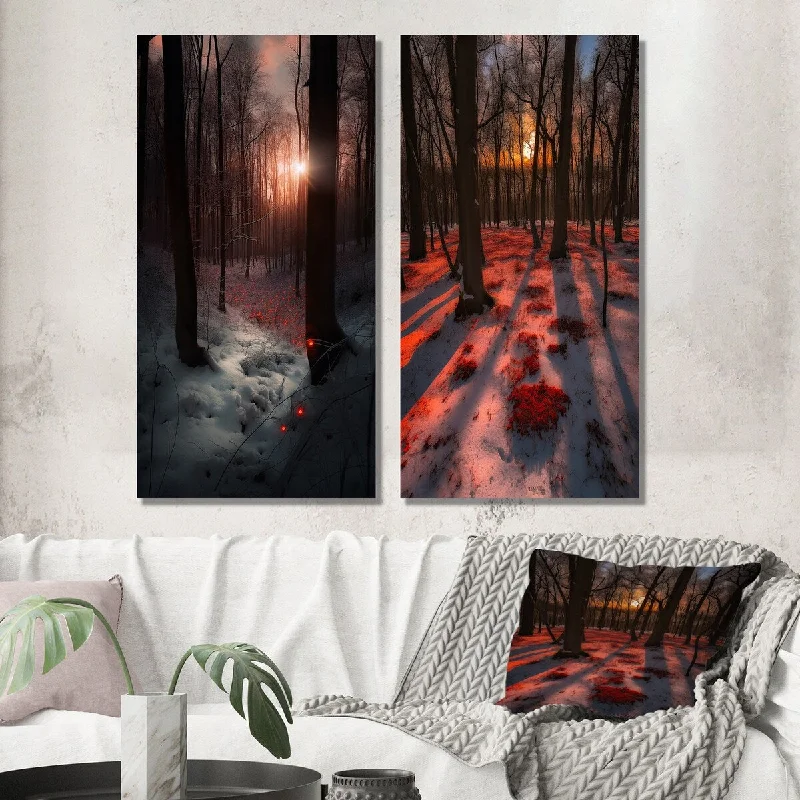 Designart "Wintersun Shining Through Snowlit Trees II" Forest Wall Art Set of 2 - Traditional Printed Wall Décor