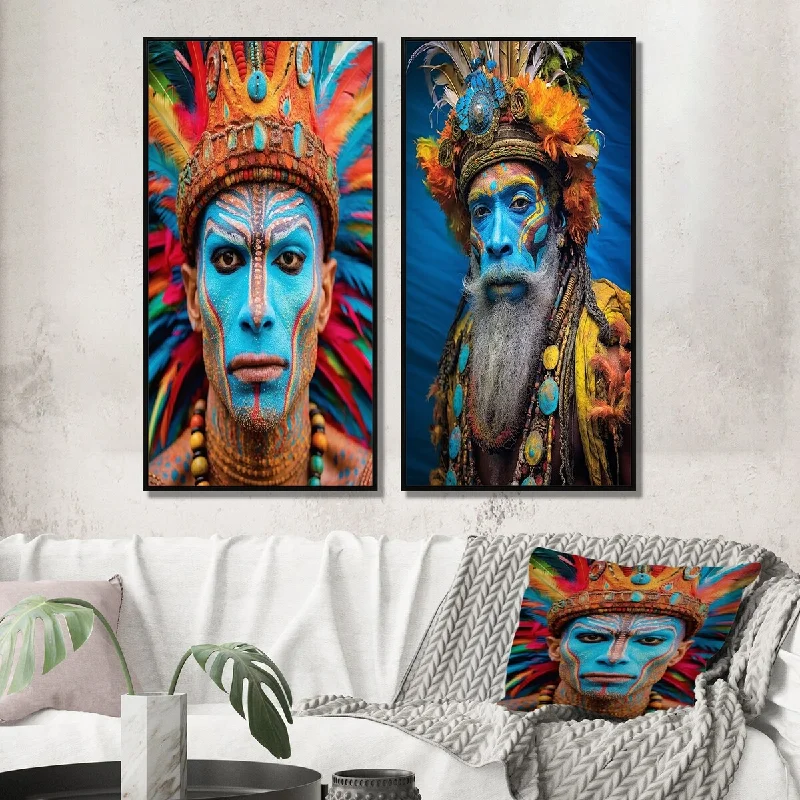 Designart "Wise Guru Man Portrait Blue Face And Feathers" Man Wall Art Décor - Glam Gallery Wall Set For Home Decor