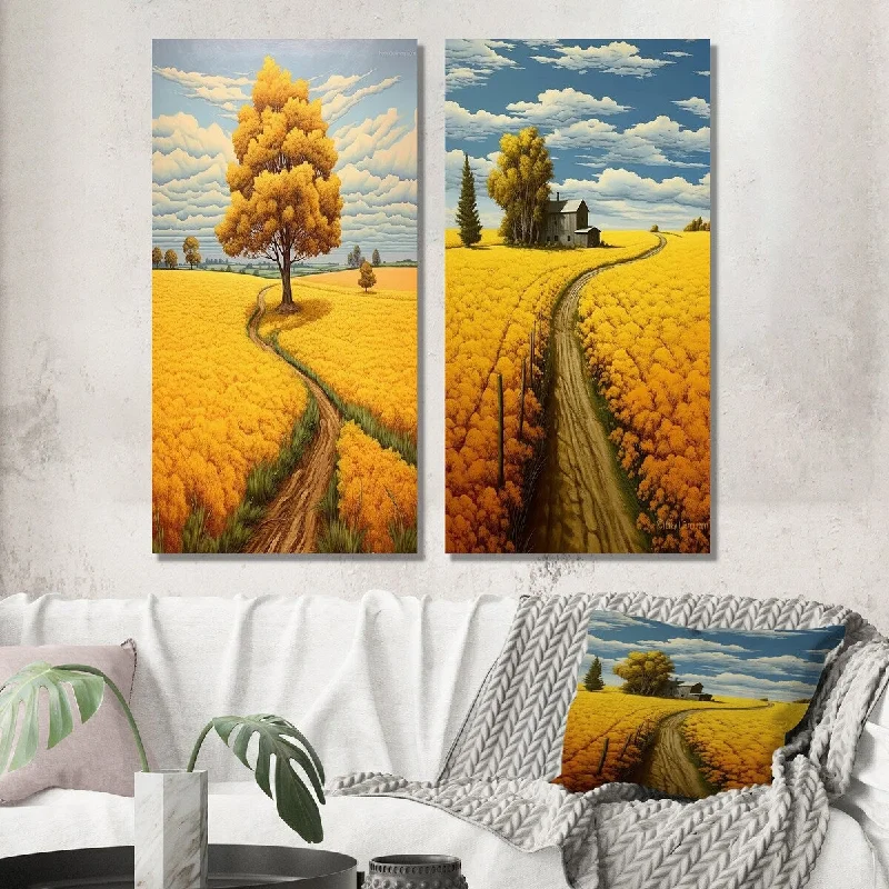 Designart "Yellow Tree In Blossoming Golden Meadow" Meadow Wall Set of 2 - Traditional Print Art For Living Room Decor