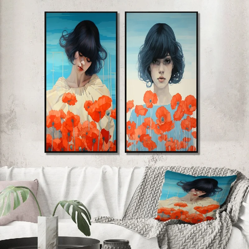 Designart "Young Woman In Field Of Red Poppies I" Woman Floral Framed Wall Art - Glam Gallery Wall Set For Home Decor