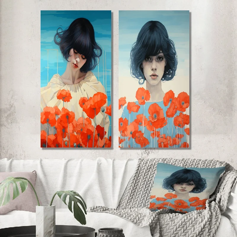 Designart "Young Woman In Field Of Red Poppies I" Woman Floral Wall Art Set of 2 - Glam Wall Art For Living Room Decor