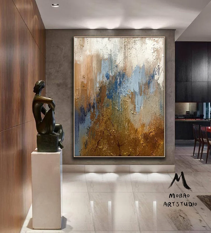 Large Blue Painting Gold Abstract Art Oversized Artwork for Living Room NP050