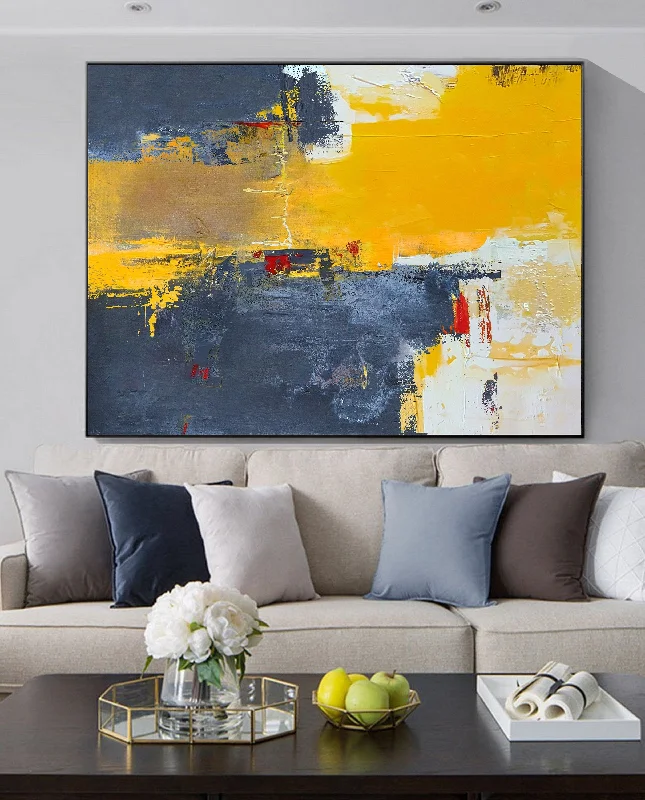 Yellow Abstract Painti g,Beige Blue Abstract On Canvas Painting NP038